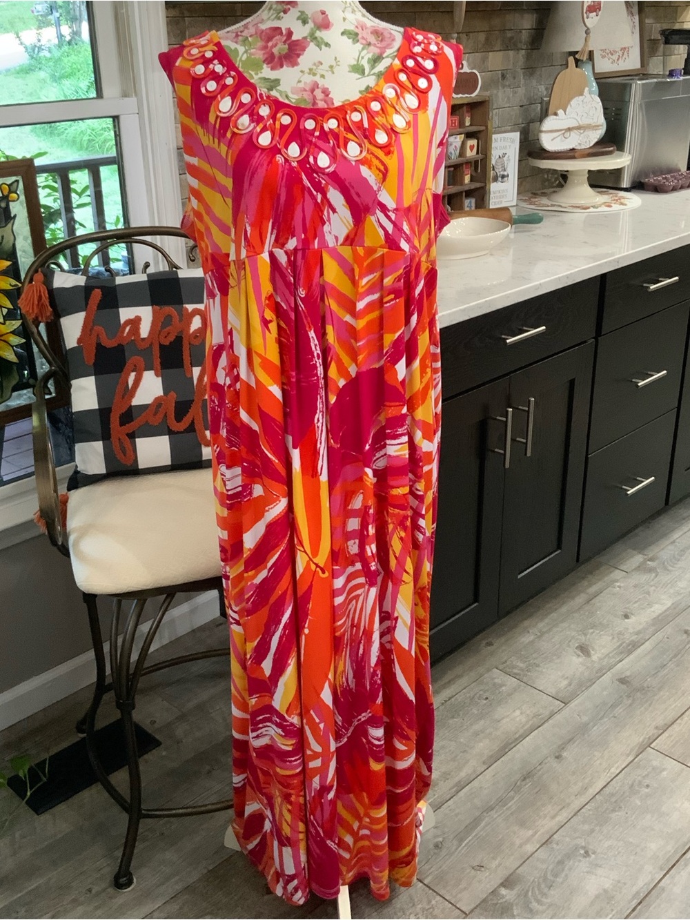Ruby Rd Maxi Dress 1X Sleeveless Beaded Stretch Orange Yellow Empire Waist New